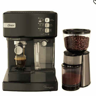 Kit Cafetera automática de espresso negro metálico Oster® PrimaLatte™ BVSTEM6603B y Molinillo de café Oster® con 18 ajustes