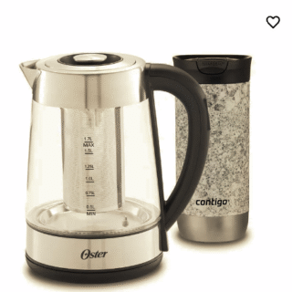 Kit Hervidor eléctrico de vidrio con selección de temperatura e infusor de té BVSTKT8990 y 1 Mug Contigo Huron Speckled Slate 473 ml