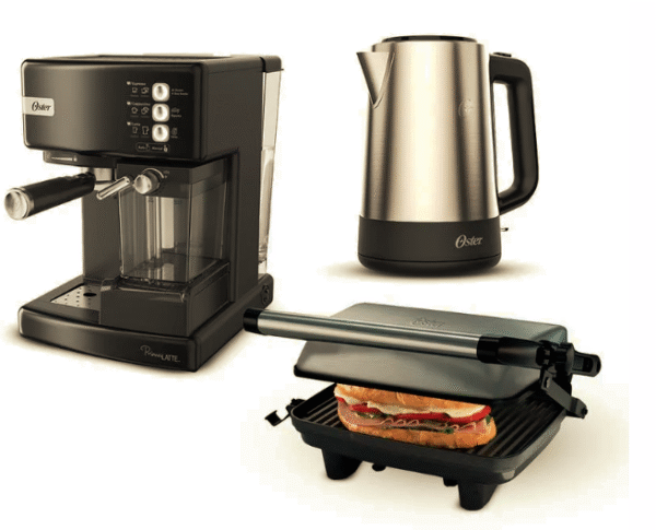 Kit Oster Cafetera PrimaLatte Negra, Plancha Panini compacta y Hervidor electrico inox de 1.7 lt