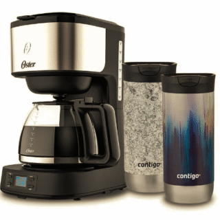 Kit Cafetera programable Oster® 8 tazas en acero inoxidable + 1 Mug Contigo Merlot Airbrush + 1 Mug Contigo Speckled Slate