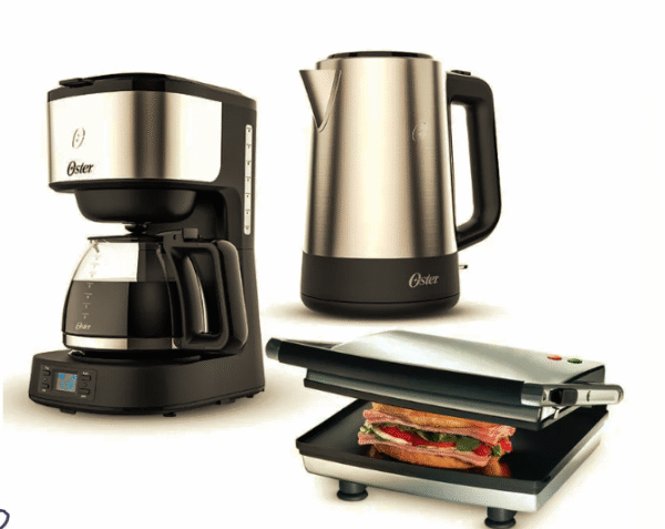 Kit Oster Cafetera 8 tazas programable, Plancha Panini y Hervidor electrico 1.7 lt.
